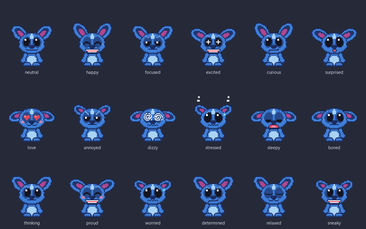 Stitch shown in 18 different facial expressions, drawn in pixel art