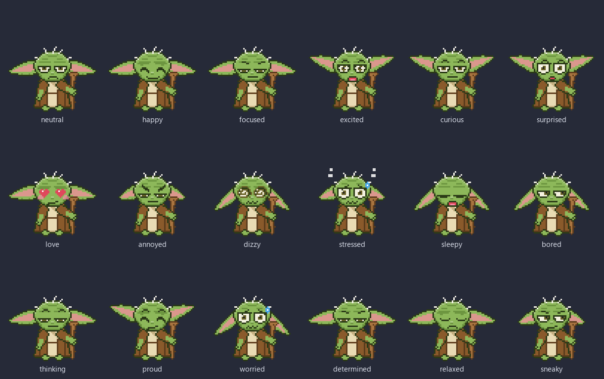 Yoda shown in 18 different facial expressions, drawn in pixel art
